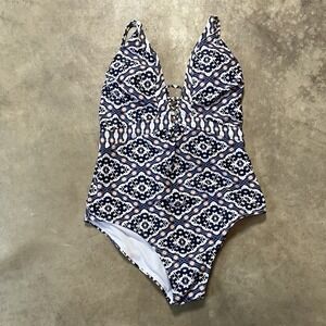 Jessica Simpson Swimsuit Womens Size Medium Dark Multi V Neck‎ Lace Up